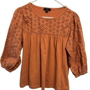 J.Crew XS Embroidered Eyelet 3/4 Sleeve Rust Orange Cotton Blouse Top